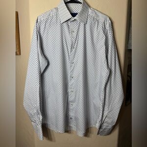 David Donahue Performance Trim Fit Dress Shirt 16.5 36/37 Blue Geo Print